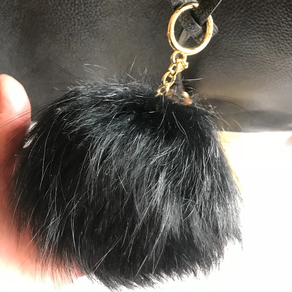 Michael Kors Black Leather Purse Tote with Fur Pom Pom - Picture 2 of 10